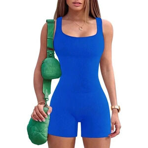Women Blue Ribbed One Piece  Sleeveless Bodycon Sport Shorts Gym Romper Jumpsuit